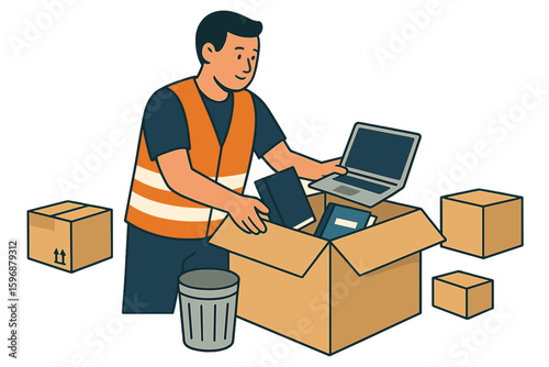 Isometric 3D vector illustration of a worker collecting and throwing paper waste into a container as part of an eco-friendly garbage process that includes zero waste, reuse, segregation, and