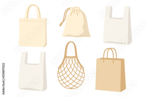 A reusable eco-friendly shopping bag filled with vegetables, fruits, and healthy drinks, along with dairy products, promoting a zero-waste and plastic-free lifestyle through a flat and trendy design