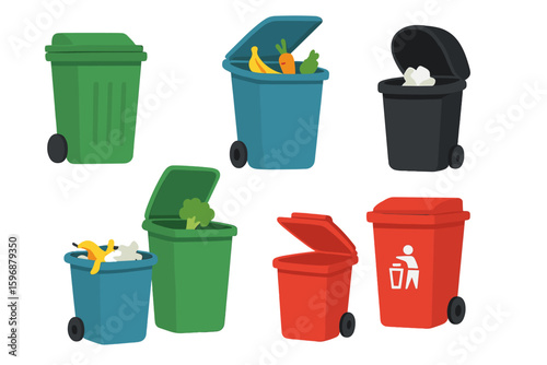 Illustration of dumpsters filled with food waste for organic and zero waste themes, representing a modern environmental issue, created with cartoon colored flat icons and vector design