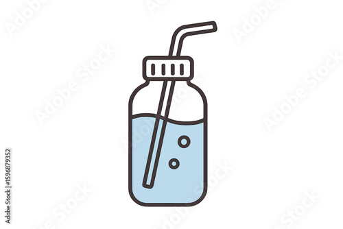 A hand-drawn vector illustration of a daily water flask featuring a striped straw, promoting the concept of drinking more water with a glass-only, plastic-free, and zero-waste design, suitable as a