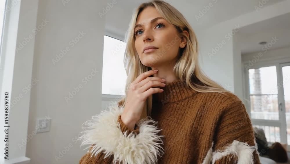 Stylish Woman Contemplating in Modern Apartment Fashion Lifestyle Video. Stylish Woman Contemplating in Modern Apartment Fashion Lifestyle Video.