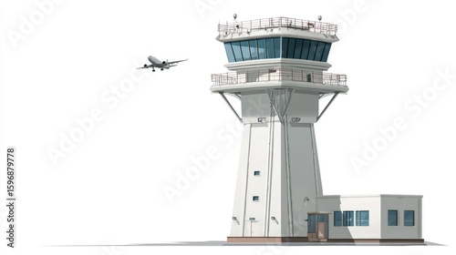 Airport control tower with airplane