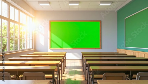 Empty Classroom with Green Screen and Sunlight.