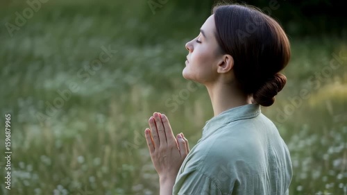 Woman finds serenity in nature, practicing peaceful meditation outdoors.