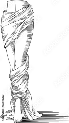 CAD drawing flat vector illustration of draped fabric over human legs, black and white fashion design, minimalist art, garment sketch