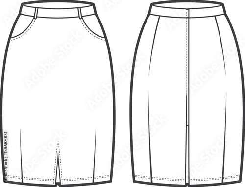 CAD drawing flat vector illustration of pencil skirt front and back view, fashion sketch, garment template, apparel design, sewing pattern