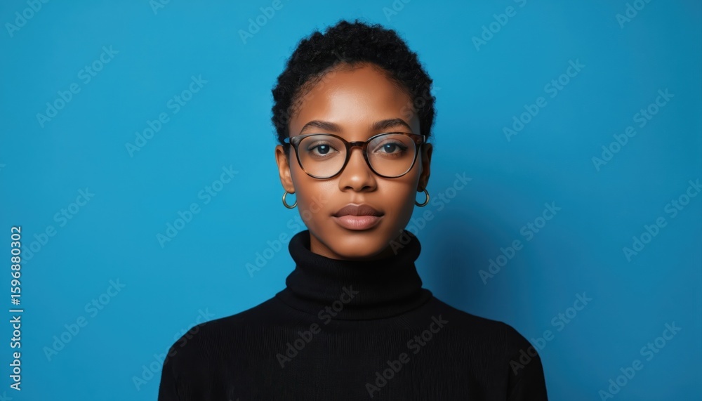 Young African American woman in black sweater with short curly hair wearing black eyeglasses on blue studio background. Her face shows a contemplative expression, eyes looking upwards. Young African American woman in black sweater with short curly hair wearing black eyeglasses on blue studio background. Her face shows a contemplative expression, eyes looking upwards.
