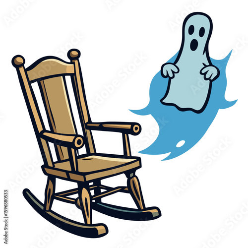 Vector art of a surprised ghost floats near a wooden rocking chair
