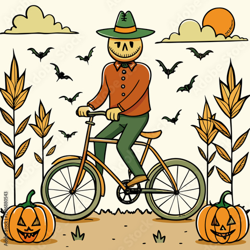 Vector art of a pumpkin headed man rides a bicycle in a halloween illustration