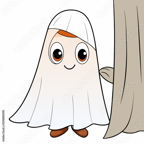 Vector art of a cute ghost is peeking from behind a tree on halloween