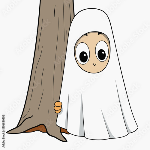 Vector art of a cute ghost is peeking from behind a tree on halloween