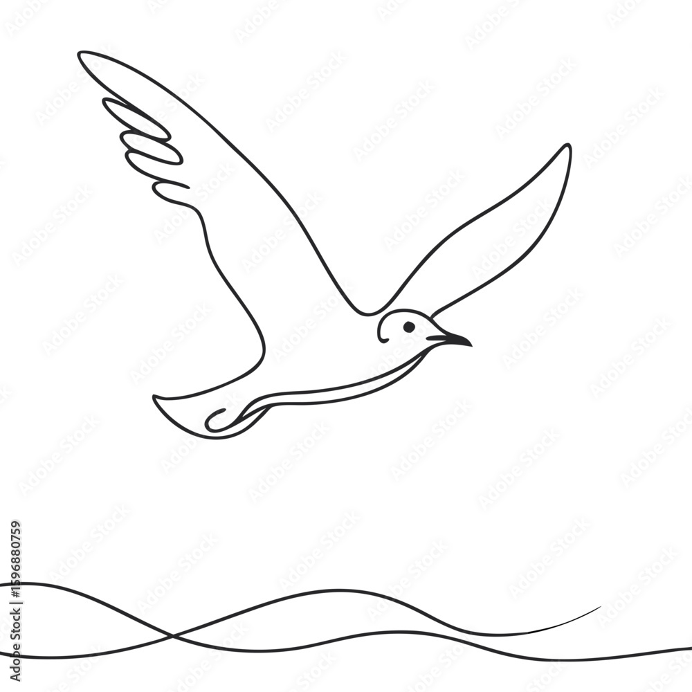 Obraz premium Simple line drawing of a seagull bird flying above waves