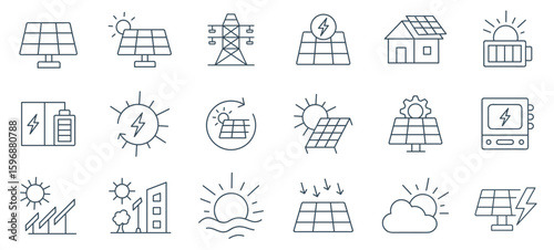 Solar Energy, solar power Icon Set Vector | Power grid, Renewable Electricity, Sustainable System Collection | Sun, panel, battery, pylon, generation, storage, smart city, outline icons illustration