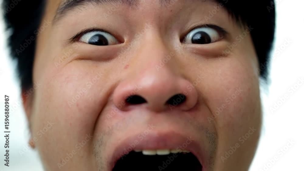 Close-up of a man's face expressing extreme fear or surprise.