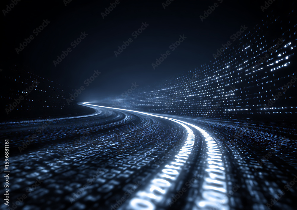 Fototapeta premium Winding digital road of glowing binary code in dark blue data technology