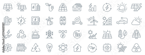 Solar Energy Icon Set Vector | Renewable Power, Sustainable Technology Collection | Solar panels, sustainability, Panel, sun, battery, pylon, generation, storage, smart home, outline illustration