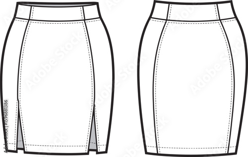 CAD drawing flat vector illustration, pencil skirt technical sketch, garment construction template, sewing pattern, apparel blueprint, front and back view, fashion asset, clothing design, vector art