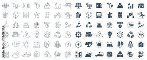 Sustainable, Solar Energy Icon Set Vector | Solar Power Grid, Renewable Technology Collection, solar panel | Sun, panel, battery, pylon, wind, hydro, smart home, outline and glyph icons illustration