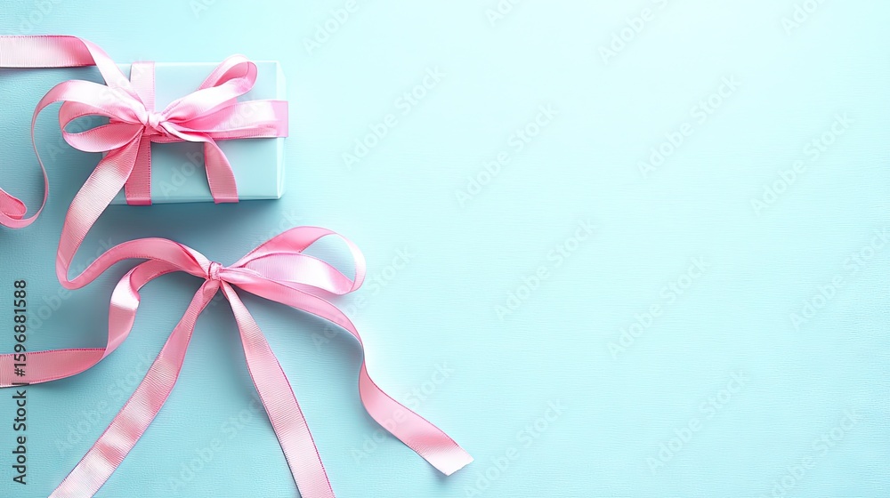 Present with Pink Ribbon on Light Blue Background Present with Pink Ribbon on Light Blue Background