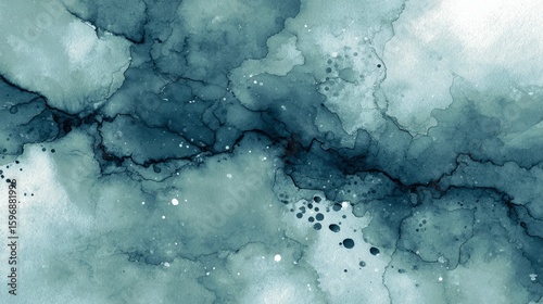 Dusty teal watercolor wash with bleeding ink effects