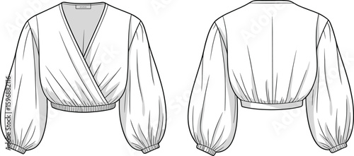 CAD drawing flat vector illustration, stylish women's wrap blouse, puff sleeves, elastic waistband, front back view sketch, garment fashion template, clothing design outline