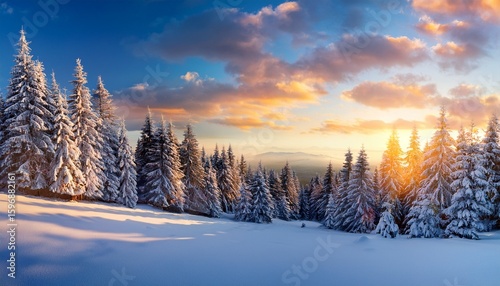 winter landscape wallpaper with pine forest covered with snow and scenic sky at sunset snowy fir tree in beauty nature scenery christmas and new year greeting card background