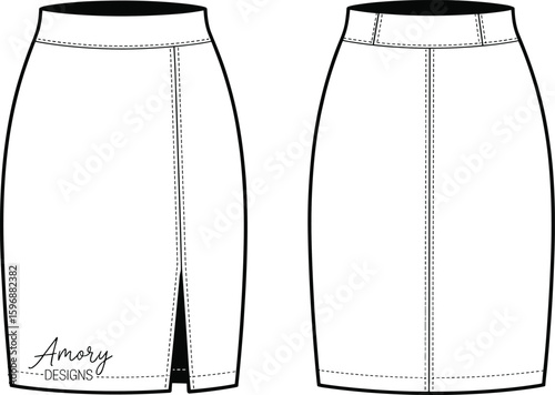drawing flat vector illustration, pencil skirt fashion sketch, front and back technical view, garment template, detailed stitching, sewing pattern, apparel design, digital fashion artwork