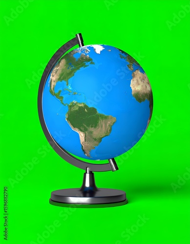 A detailed world globe showing North and South America isolated on a bright green screen background.