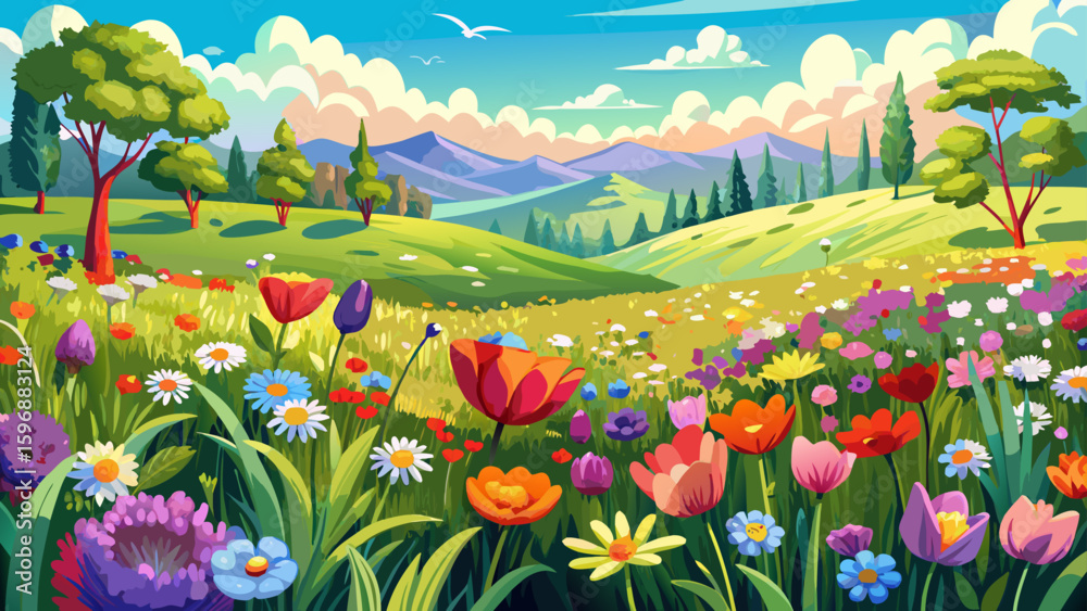 Fototapeta premium Nature outdoors bursts with colorful meadow flowers during spring summer season. Set against a white background, each petal and leaf is rendered in semi-realistic style, ideal for bright, cheerful 