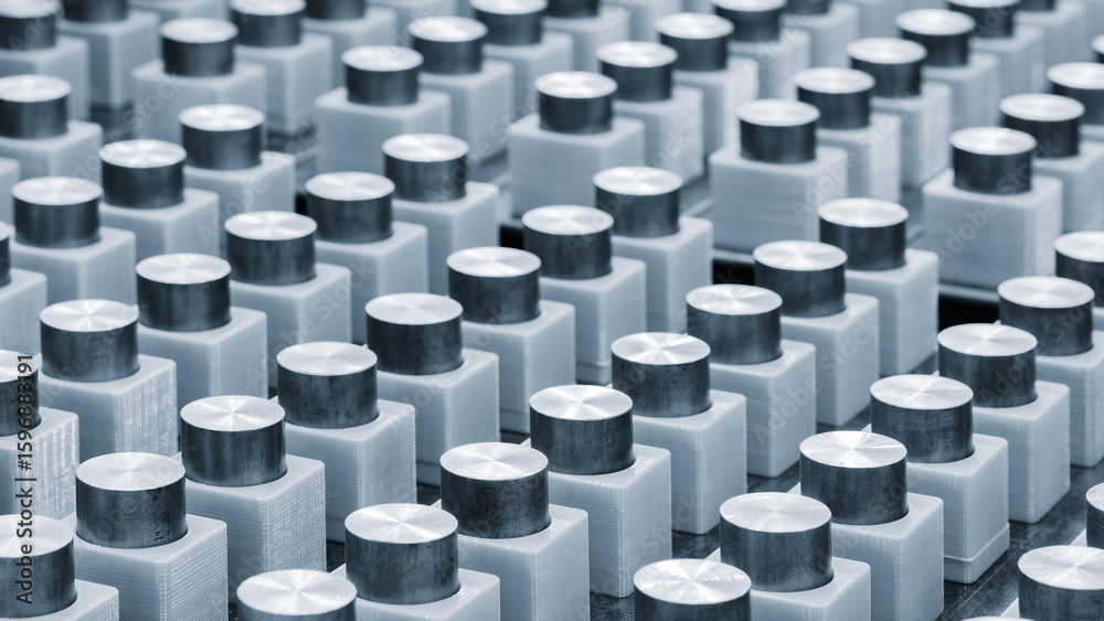 Fototapeta premium Row of metal cylinders are lined up in a row. The cylinders are all the same size and shape