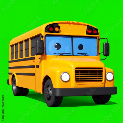 Cartoon Yellow School Bus with Eyes on Green Screen Background.