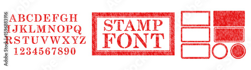 Vector set of red rubber stamp font isolated on white background.