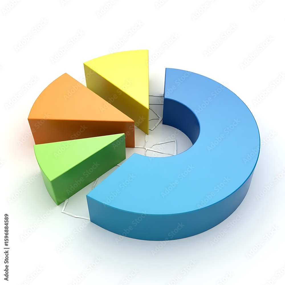 Obraz premium Colorful 3d pie chart segments representing data analysis and business growth on a white background