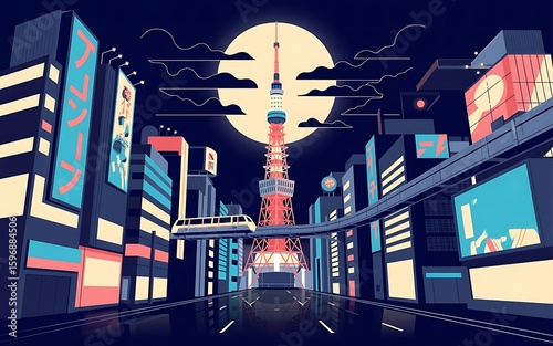 Retro-Futuristic Neon Japanese Cityscape with Glowing Billboards, Tokyo-Inspired Tower, Elevated Monorail, and Full Moon in Synthwave Vector Style