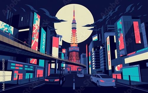 Retro-Futuristic Neon Japanese Cityscape with Glowing Billboards, Tokyo-Inspired Tower, Elevated Monorail, and Full Moon in Synthwave Vector Style