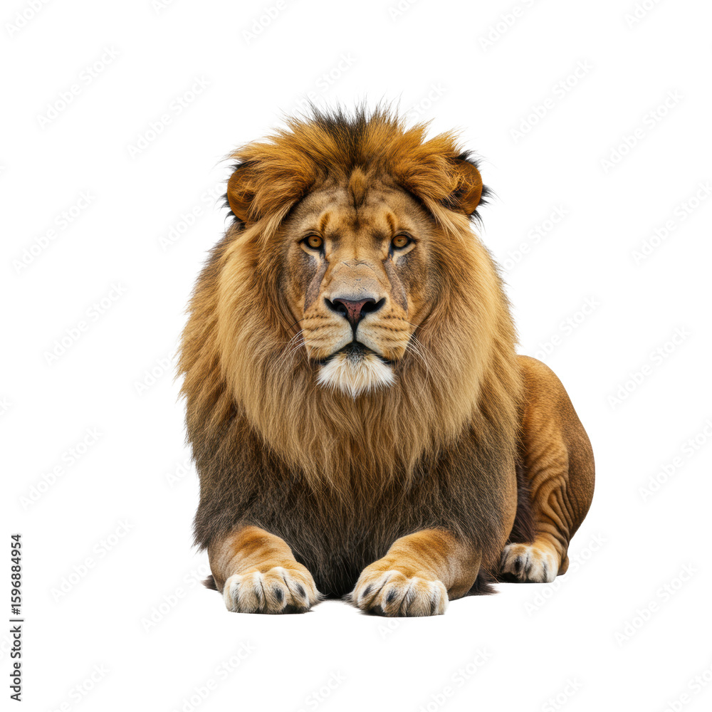 Fototapeta premium An adult male african lion with a thick golden-brown mane lies calmly, gazing forward on a transparent studio background with diffused lighting, conveying quiet strength and regal authority.