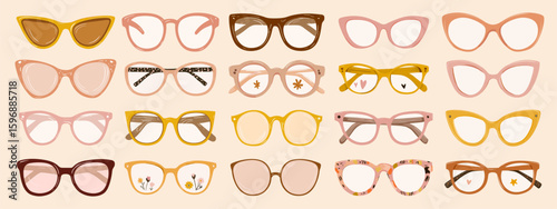 Cartoon funky retro glasses and sunglasses set. Pastel groovy style eyewear, trendy summer fashion accessories vector elements