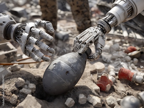 Robotic hand carefully examining a bomb amidst rubble a post apocalyptic scene depicting futuristic warfare technology