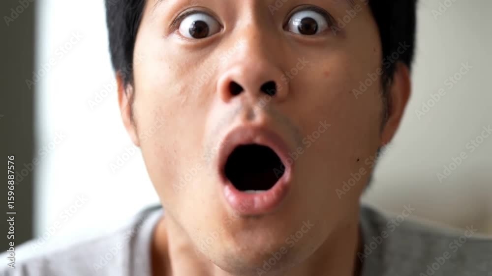 Close-up of a man with a surprised, wide-open expression.