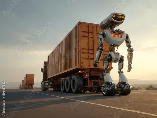 Autonomous Robot Overseeing Freight Transport on a Highway at Sunset
