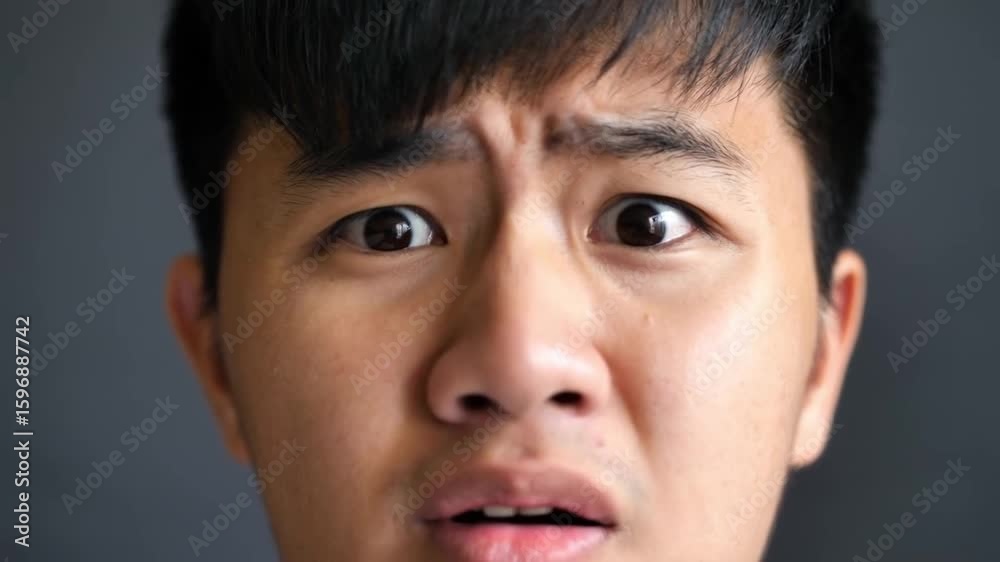 Close-up portrait of a young man with a worried, apprehensive expression. Close-up portrait of a young man with a worried, apprehensive expression.
