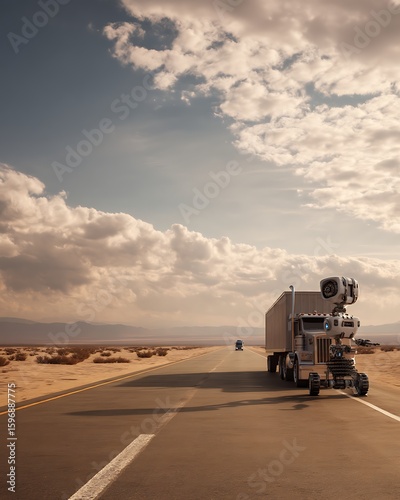 Autonomous Truck Drives Across Desert Highway under Cloudy Sky, Futuristic Transportation Concept
