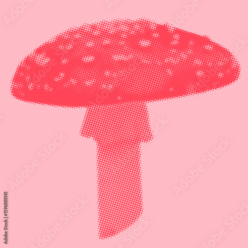 Vector fly agaric. Vector illustration with halftone effect. Stylish kitsch mushroom for printing, design and decoration. Рink plant with dot texture