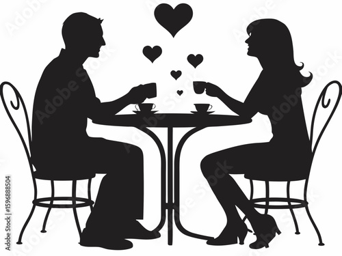 Silhouette of a couple at a table drinking coffee with hearts floating above them in black and white art created with generated ai