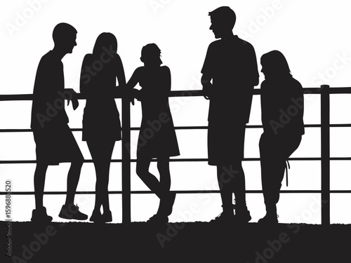 Silhouette of five people standing and leaning against a railing at an outdoor location in monochrome style created with generated ai
