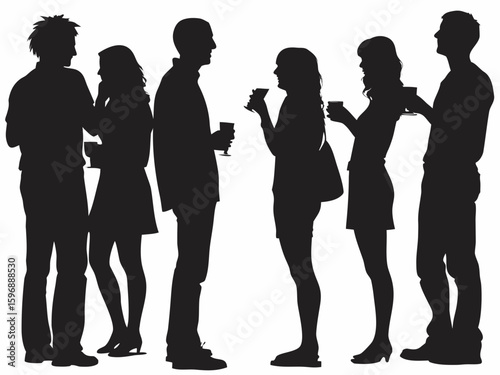 Silhouette of a group of people socializing and holding drinks at a gathering or cocktail party scene created with generated ai