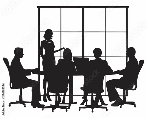 Silhouette illustration of a business meeting with a presenter and four seated attendees present in a room created with generated ai