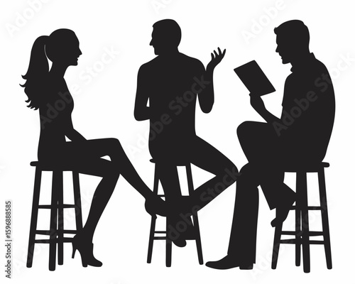 Silhouette of three people sitting on stools engaged in conversation and reading a book together indoors created with generated ai
