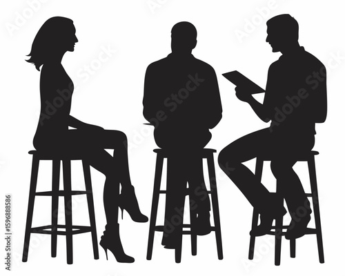 Silhouettes of three individuals seated on stools in a meeting or interview setting illustration created with generated ai