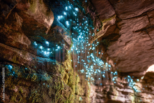 Glowworms in a cave environment